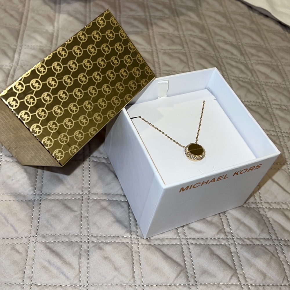 Michael Kors Gold MK Logo Tone Pave Disc Pendant